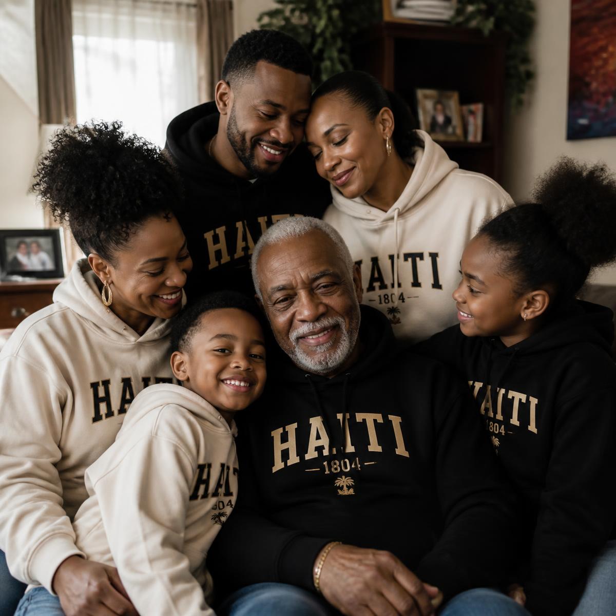 A multi-generational Haitian family wearing hoodies together